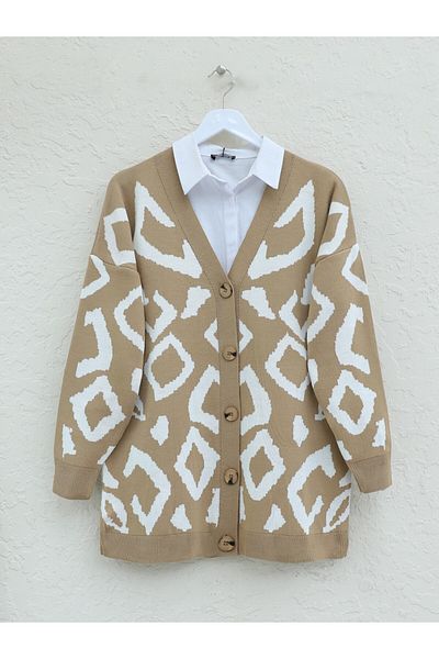 HİJABAYA Buttoned Patterned V-Neck Knitwear Cardigan