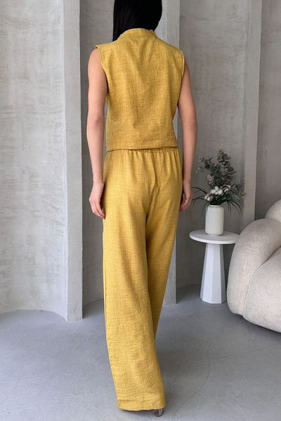 DENİKK S1008 Aerobin Linen Judge Collar Accessory Blouse and Pants Bottom Top Women's Two-Piece Suit