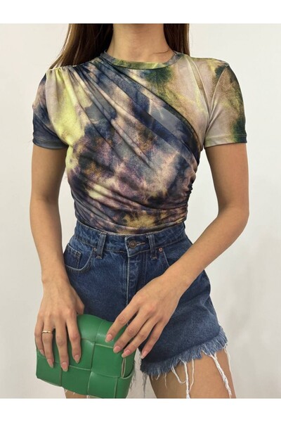 MissRunin بلوزة سيندي بطباعة ربطة عنق وكتف مجمعة على الخصر