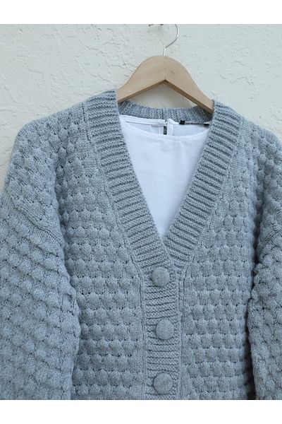 HİJABAYA Embossed Braided Buttoned Knitwear Cardigan