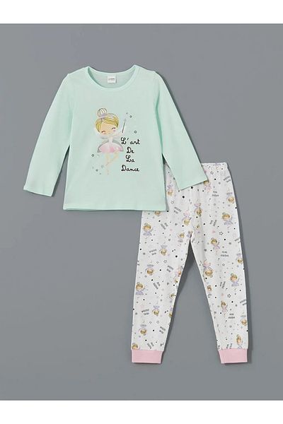 LC Waikiki Lcw Kids Turquoise Crew Neck Printed Girls' Pajamas Set
