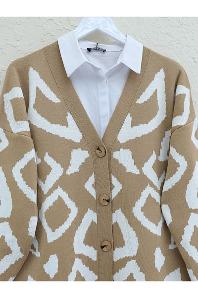 HİJABAYA Buttoned Patterned V-Neck Knitwear Cardigan