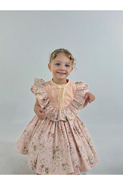 Hly Karol Tasarım Laurel Salmon Floral Vintage Baby Girl Dress, Birthday Dress, Photo Shoot Dress, Suitable for 0-7 Years Old