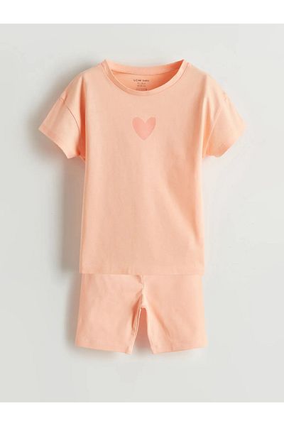 LC Waikiki Lcw Baby Pink Crew Neck Printed Baby Girl Shorts Pajama Set