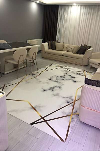CENTER AVM Beyaz Gold Halı Makinede Yıkanabilir Kaymaz Taban Salon Halısı