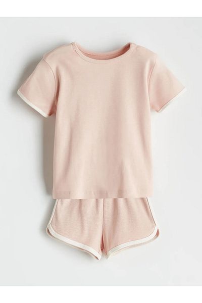 LC Waikiki Lcw Baby Pink Crew Neck Basic Baby Girl Shorts Pajama Set