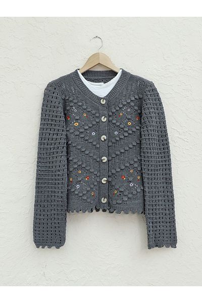 HİJABAYA Floral Embroidered Pompom Openwork Sweater Cardigan