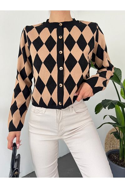 HİJABAYA Crew Neck Buttoned Diamond Pattern Cardigan
