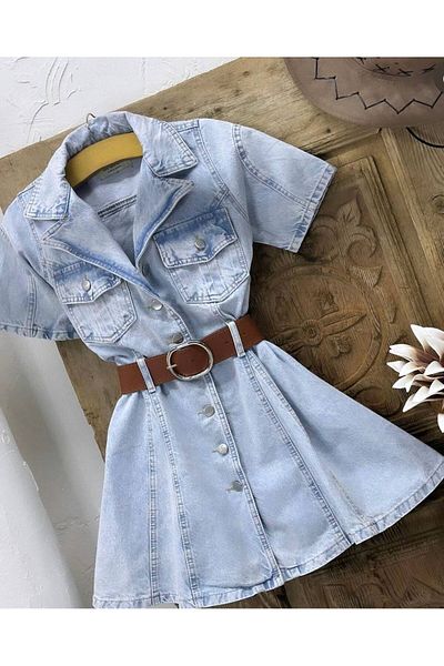 Pasaklı Giyim Women's Light Blue Extra Mini Belted A-Line Flared Young Summer Denim Dress Kt-0090500