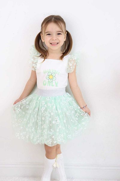 ESİLA KİDS Girl Child Badi Flower Printed Balloon Skirt Bottom-Top Suit