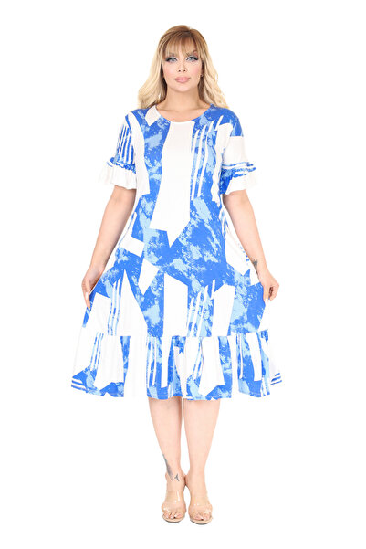 MELSAY Women's White Blue Vintage Pattern Short Sleeve Ruffle Dress
