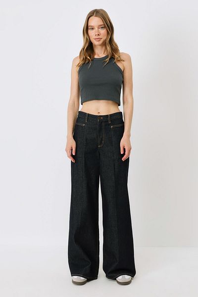 C&City Geripptes Crop-Unterhemd für Damen – Neckholder, dehnbar, 925 geräuchert