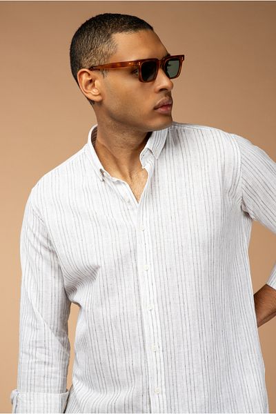 Kiğılı Long Sleeve Slim Fit Slim Fit Striped Sports Linen Blended Cotton Button Collar Shirt