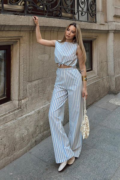 Swist Blue Striped Zero Sleeve Crop Pants Women's Linen Bottom Top Set
