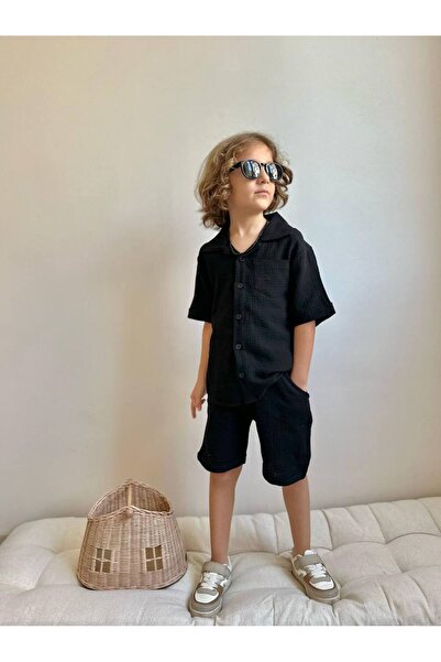lesa kids wear طقم شورت قميص بجيب موسلين