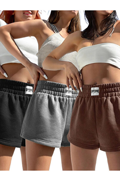 offsidesign Kadın Mini Şort Penye Düz Basic Şort- Siyah Gri Kahverengi 3'lü P...