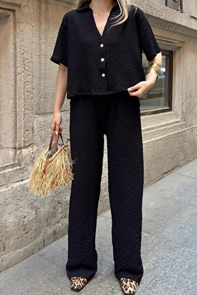 Swist Black Polo Neck Crop Pants Women's Wrap Bottom Top Set