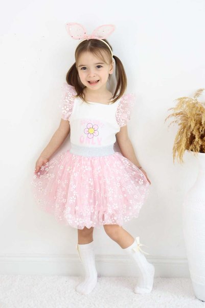 ESİLA KİDS Girl's Set: Tulle Balloon Skirt and Top, 2-Piece Set with Printed Sleeves and Ruffles, Ages 3-6