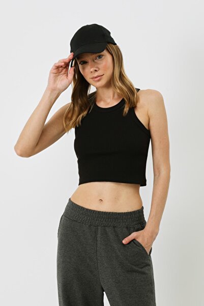 C&City 925 Black Women's Crop Tank - Halter Neck, Stretchy Ribbed