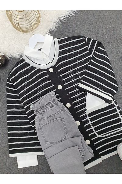 HİJABAYA Round Neck Glitter Striped Buttoned Cardigan