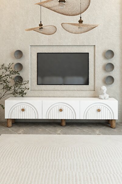 izcodesign Bohem 150 cm 3 Kapaklı Beyaz TV Ünitesi – MDF Mebran Kapaklı Modern TV Sehpası | Televizyon Konsolu