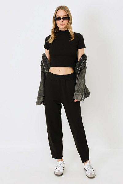 C&City Women's Black Short Sleeve Corduroy Blouse - Stand Collar 921