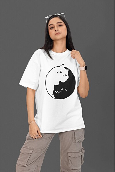 Butik bumbac 100% BĂRBAȚI/FEMEI - pisică 4 - TRIOC CU MÂNECĂ SCURTĂ CU Gât ro...