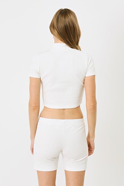 C&City Ecru Women's Blouse - Stand Collar, Short Sleeve, Ribbed Design 921