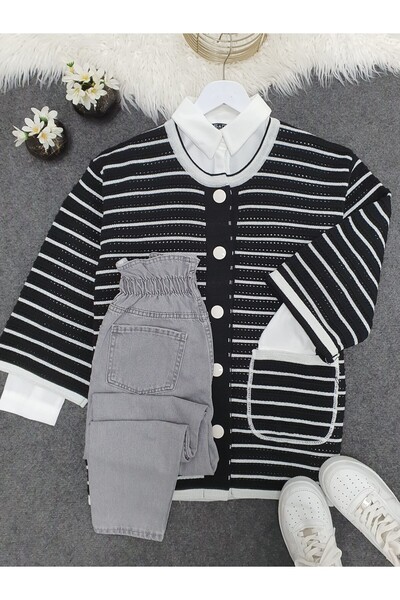 HİJABAYA Round Neck Glitter Striped Buttoned Cardigan