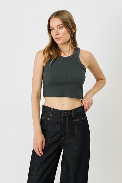 C&City Geripptes Crop-Unterhemd für Damen – Neckholder, dehnbar, 925 geräuchert
