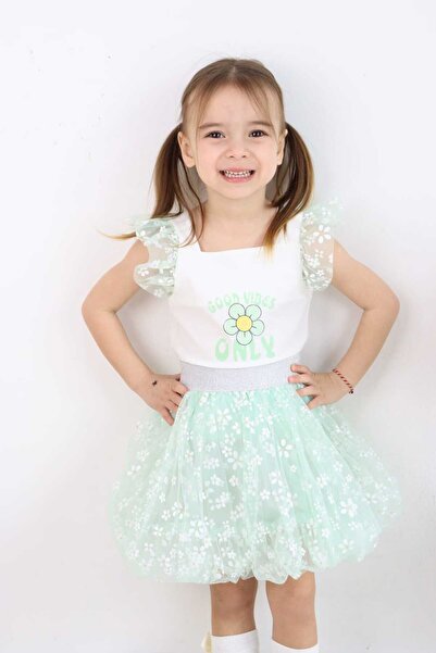 ESİLA KİDS Girl Child Badi Flower Printed Balloon Skirt Bottom-Top Suit