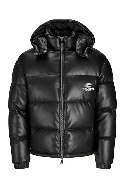 Jack & Jones J&J Terrain Cold Proof Pu Leather Hooded Puffer Coat Black