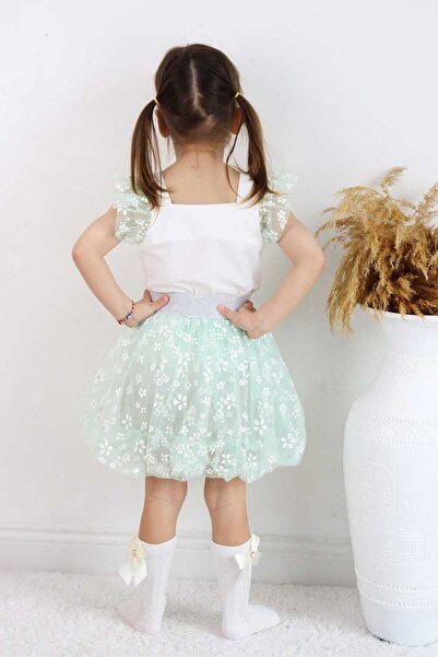 ESİLA KİDS Girl Child Badi Flower Printed Balloon Skirt Bottom-Top Suit