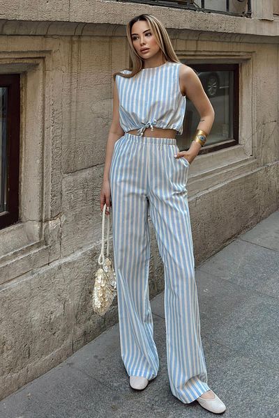 Swist Blue Striped Zero Sleeve Crop Pants Women's Linen Bottom Top Set