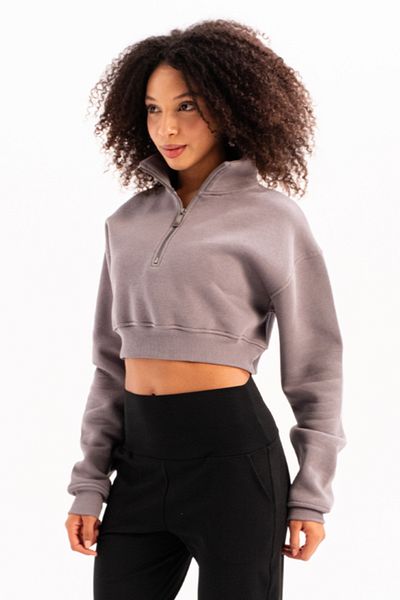 C&City Crop Stand Collar Semi-Zipper Ribbon Women's Sweatshirt Vibe Gray