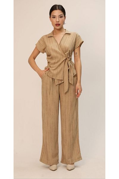 LEYLA SAĞLAM Women's Front Tie Bluz Pants Linen Look Double Suit
