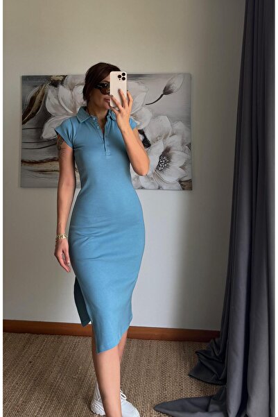 Daves Polo Yaka Esnek Yırtmaçlı Midi Elbise-Bebe mavi