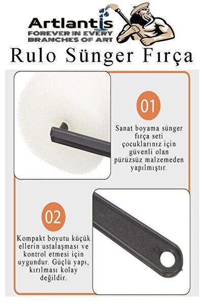 Artlantis Sünger Rulo Fırça 6 lı 1 Paket Siyah Plastik Saplı Boyama Süngeri Sanatsal Sünger Boya Fırçası Parma