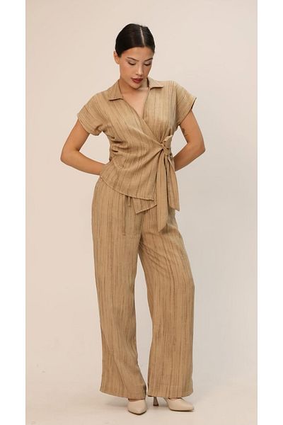 LEYLA SAĞLAM Women's Front Tie Bluz Pants Linen Look Double Suit