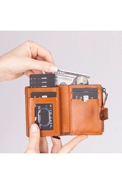 Enseb Rhodes Genuine Leather, Handmade, Pop-Up Card Holder Wallet, Shaded Tan