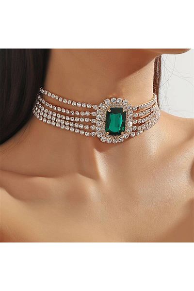 Flaner Paris Aksesuar Retro Trend Diamond Oval Crystal Necklace and Choker Set
