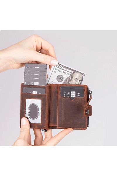 Enseb Rhodes Genuine Leather, Handmade, Pop-Up Card Holder Wallet, Antique Brown