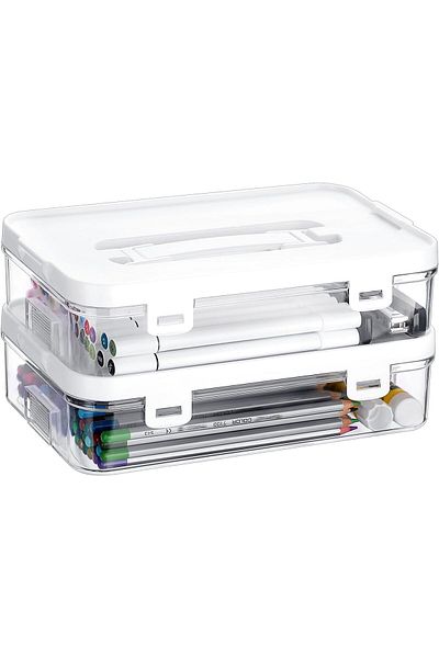 Generic 2Pcs Clear Craft Storage Box, Azonee Multipurpose Plastic Organizer with Lid & Handles, Stackable S