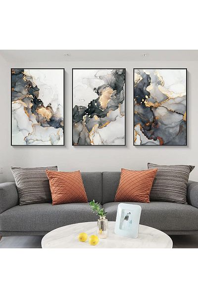 Generic YUWONDESS Marble Canvas Art Paintings Modern Abstract Foil Lines Gold Black Prints Contemporary Hom