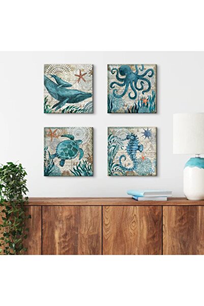 Generic Beach Ocean Turtles & Octopus Bathroom Wall Art Canvas Set, 4pcs 30x30cm, Blue-Green