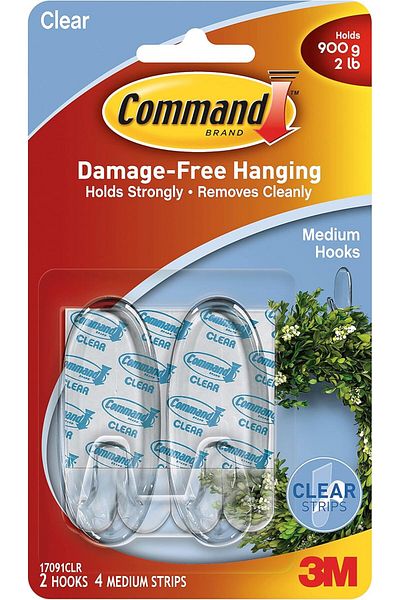 Generic Command Transparent Medium Hooks Clear color, 2 hooks +4 strips/pack | Holds 900 gr. each hook | Or