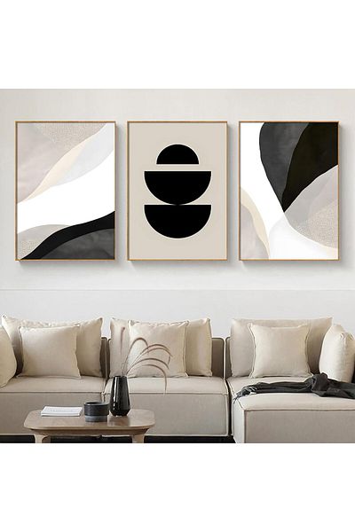 Generic Black White Beige Wall Art Abstract Geometric Poster Prints Neutral Black Painting for Home Decor M