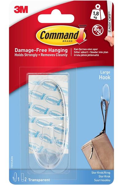 Generic Command Transparent Large Hook Clear color, 1 hook + 2 strips/pack | Holds 1.8 kg | Organize | Deco