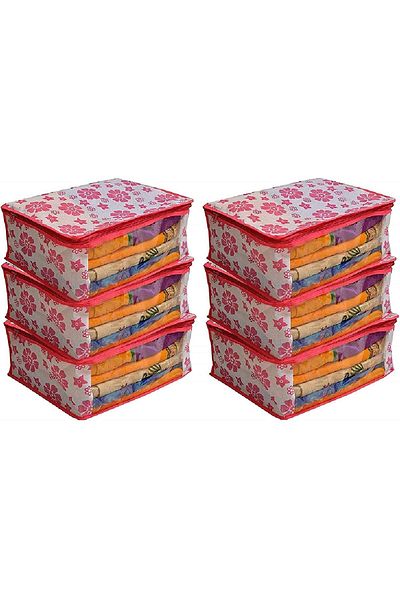 Generic Kuber Industries™ Non Woven Clothes Organizer Pink Floral Design Set of 6 Pcs