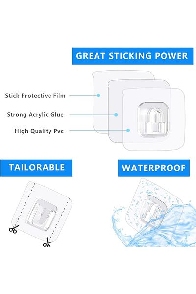 Generic ToolHouse 10 Pairs Double Sided Adhesive Wall Hooks Transparent, Self Mount Holder Hanger, Reusable
